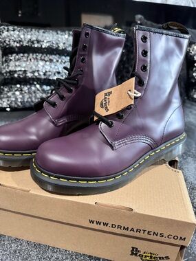 Dr. Martens Purple Leather 8-Eye Combat Boots with Yellow Stitching